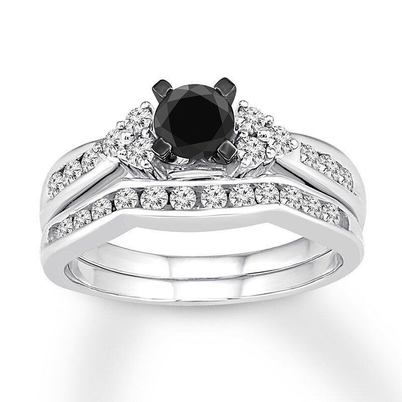 Main Image 1 of Black Diamond Bridal Set 7/8 ct tw Round-cut 14K White Gold
