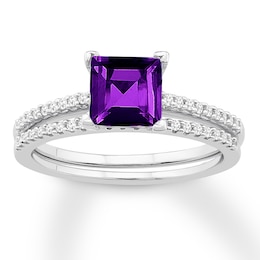 Amethyst Bridal Set 1/5 ct tw Diamonds 14K White Gold