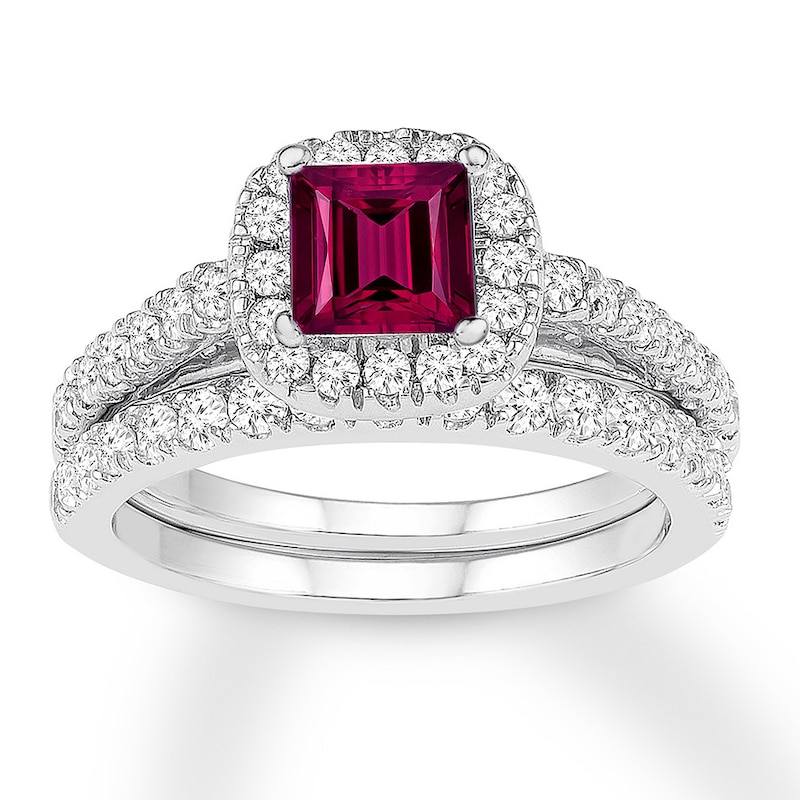 Rhodolite Garnet Bridal Set 1 ct tw Diamonds 14K White Gold