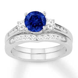 Natural Sapphire Bridal Set 3/8 ct tw Diamonds 14K White Gold