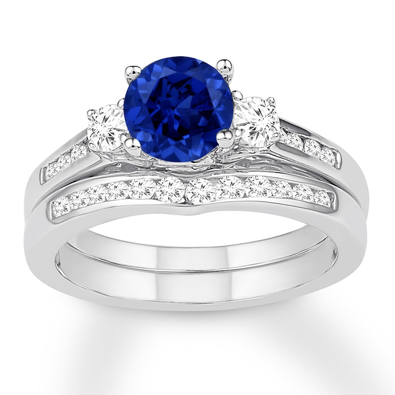 Natural Sapphire Bridal Set 3/8 ct tw Diamonds 14K White Gold