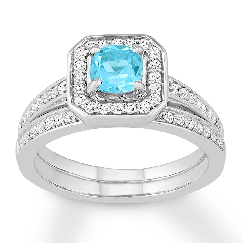 Main Image 1 of Blue Topaz Bridal Set 1/3 ct tw Diamonds 14K White Gold