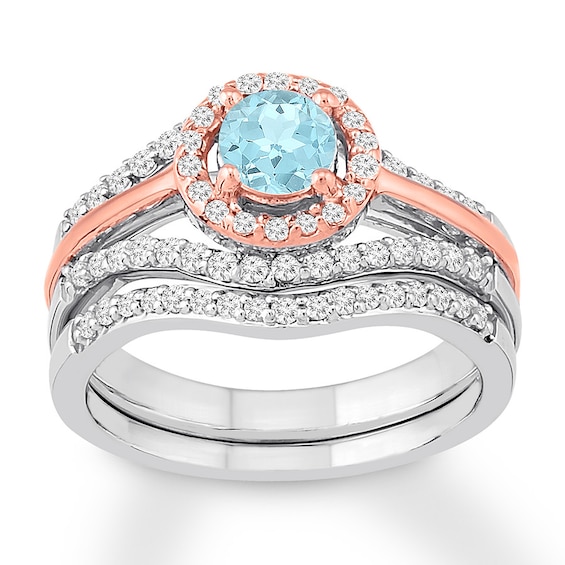 Aquamarine Bridal Set 1/2 ct tw Diamonds 14K Two-Tone Gold
