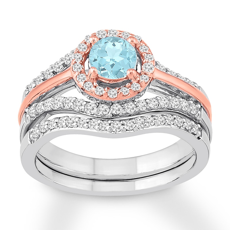 Main Image 1 of Aquamarine Bridal Set 1/2 ct tw Diamonds 14K Two-Tone Gold