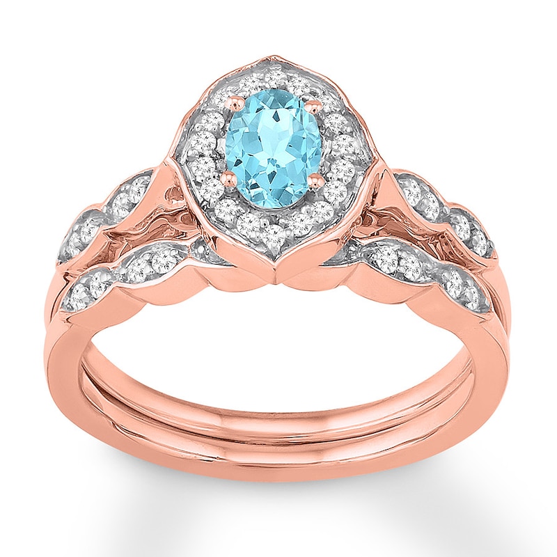 Aquamarine Bridal Set 1/4 ct tw Diamonds 14K Rose Gold