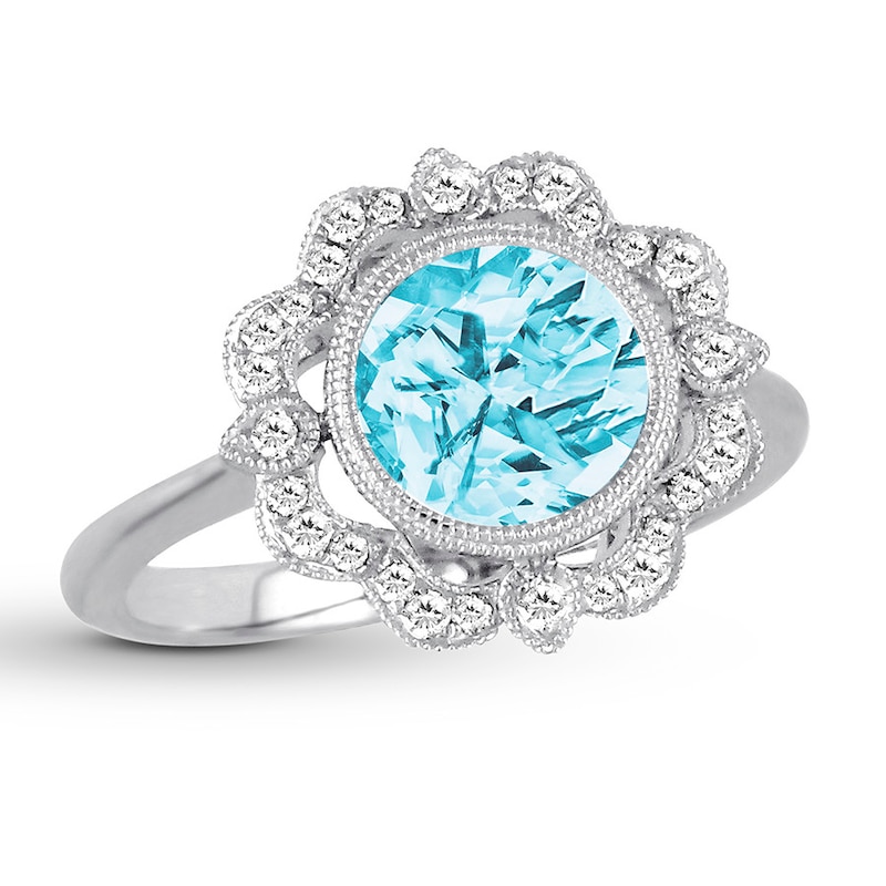 Blue Topaz Ring 1/5 ct tw Diamonds 18K White Gold