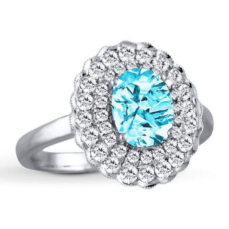 Blue Topaz Ring 1/2 ct tw Diamonds 18K White Gold with 360