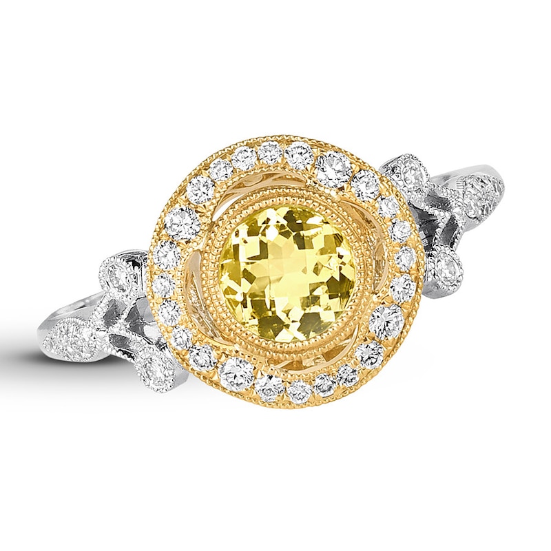 Yellow Beryl Ring 1/4 ct tw Diamonds 18K Two-Tone Gold