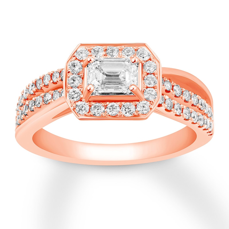 Diamond Engagement Ring 7/8 ct tw Emerald/Round 14K Rose Gold