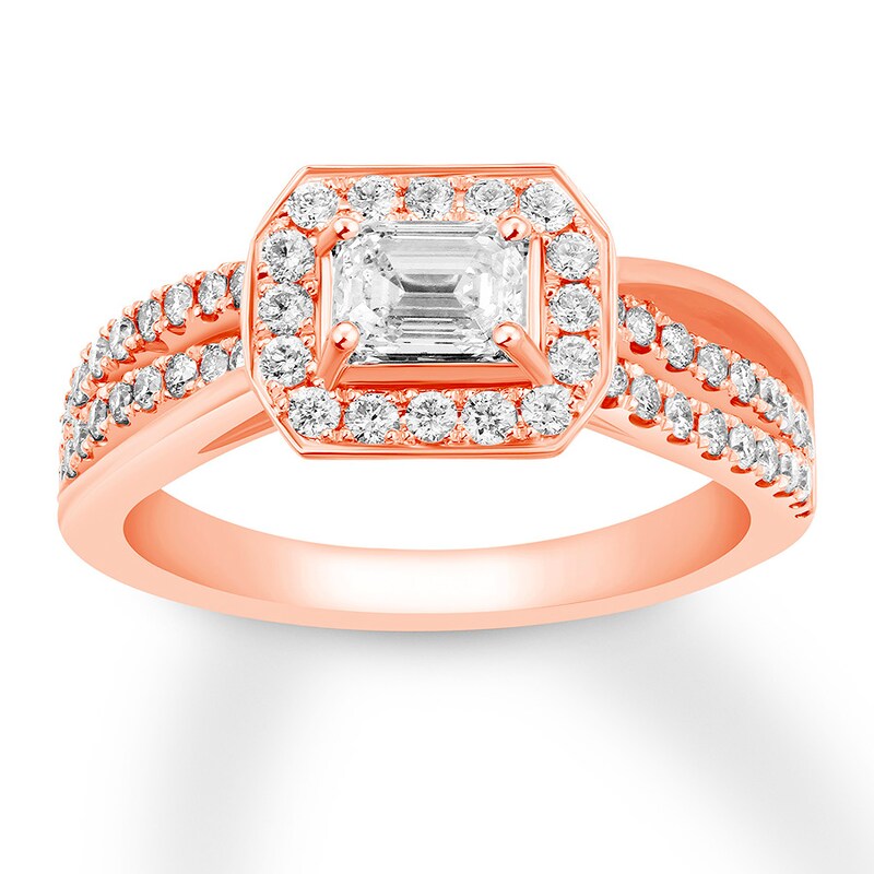 Main Image 1 of Diamond Engagement Ring 7/8 ct tw Emerald/Round 14K Rose Gold