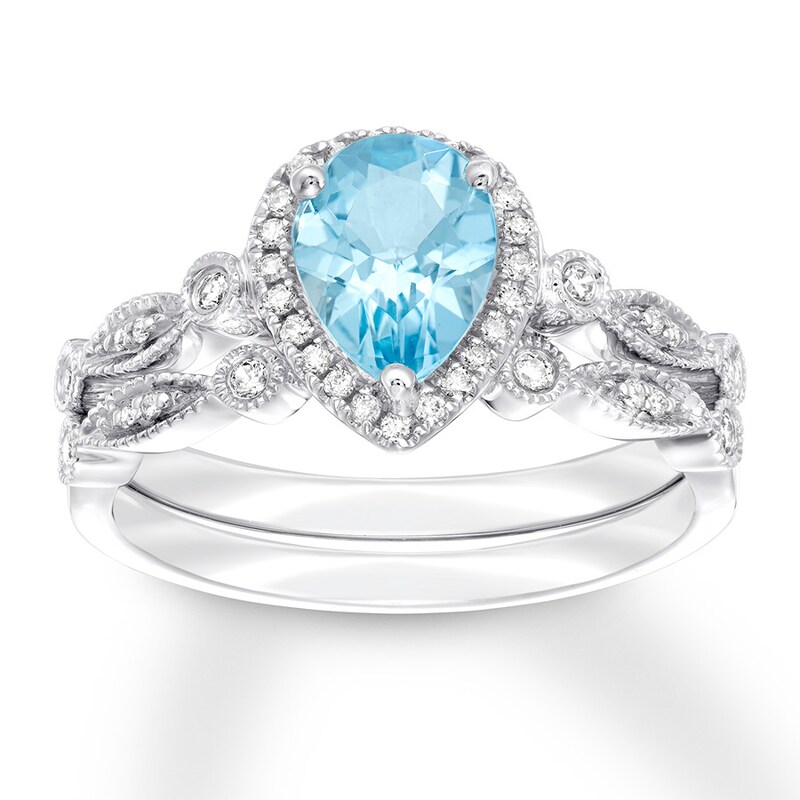 Aquamarine Bridal Set 1/6 ct tw Diamonds 14K White Gold