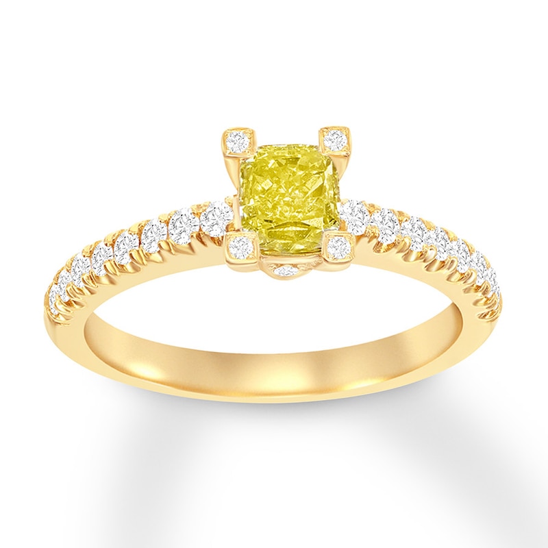 Natural Yellow Diamond Ring 3/4 ct tw Cushion-cut 18K Gold