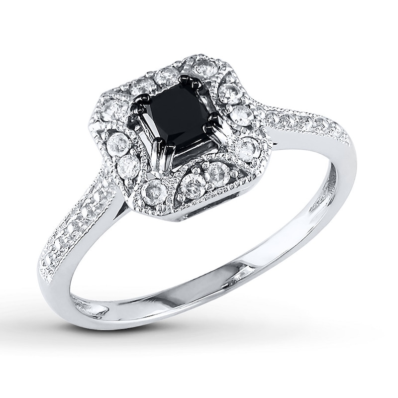 Main Image 1 of Black/White Diamond Ring 5/8 ct tw Princess-cut 10K White Gold