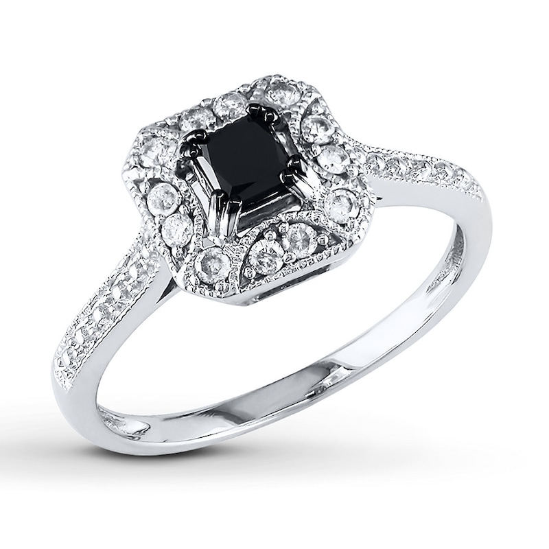 Black/White Diamond Ring 5/8 ct tw Princess-cut 10K White Gold