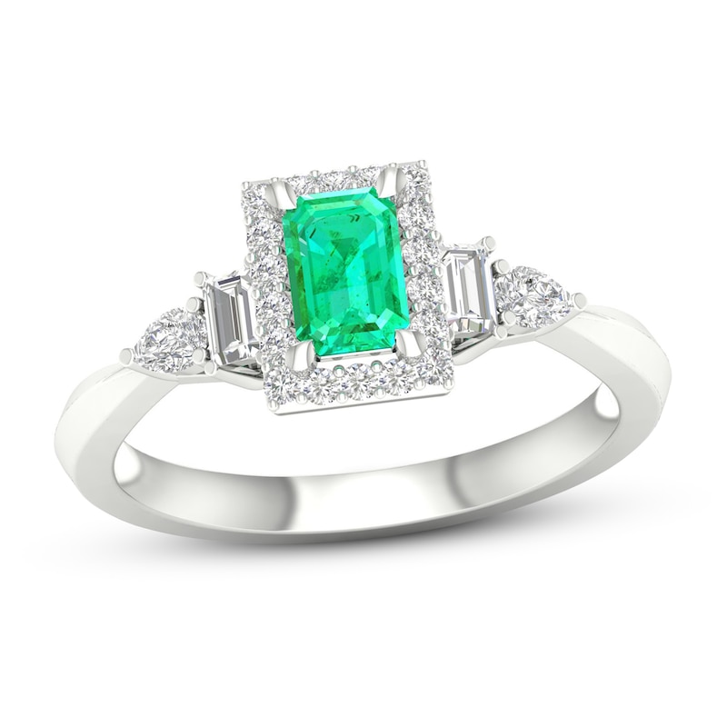 Natural Emerald Ring 1/3 ct tw Diamonds 14K White Gold