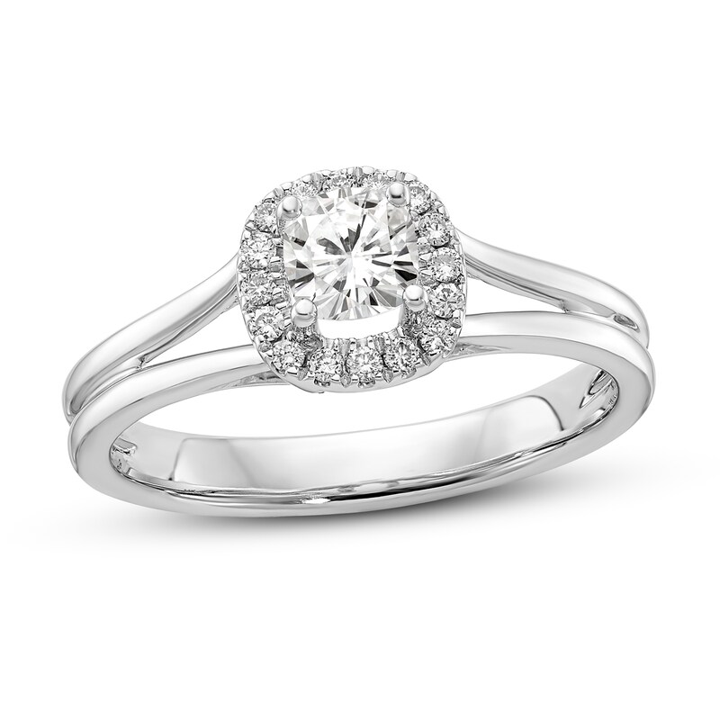 Diamond Halo Engagement Ring 1/2 ct tw Cushion/Round 14K White Gold