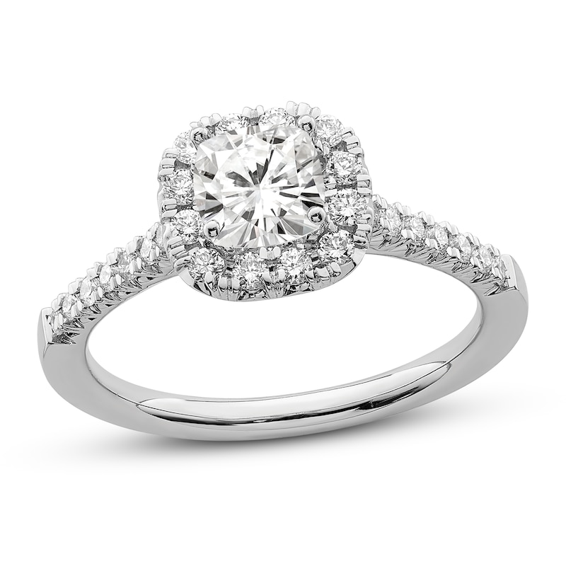 Diamond Halo Engagement Ring 7/8 ct tw Cushion/Round 14K White Gold