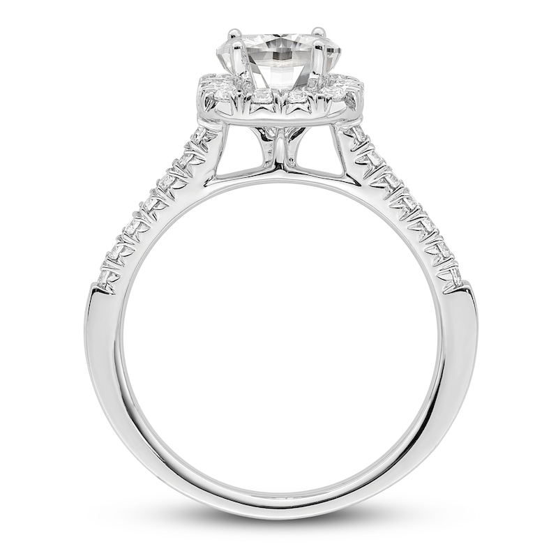 Diamond Halo Engagement Ring 7/8 ct tw Cushion/Round 14K White Gold