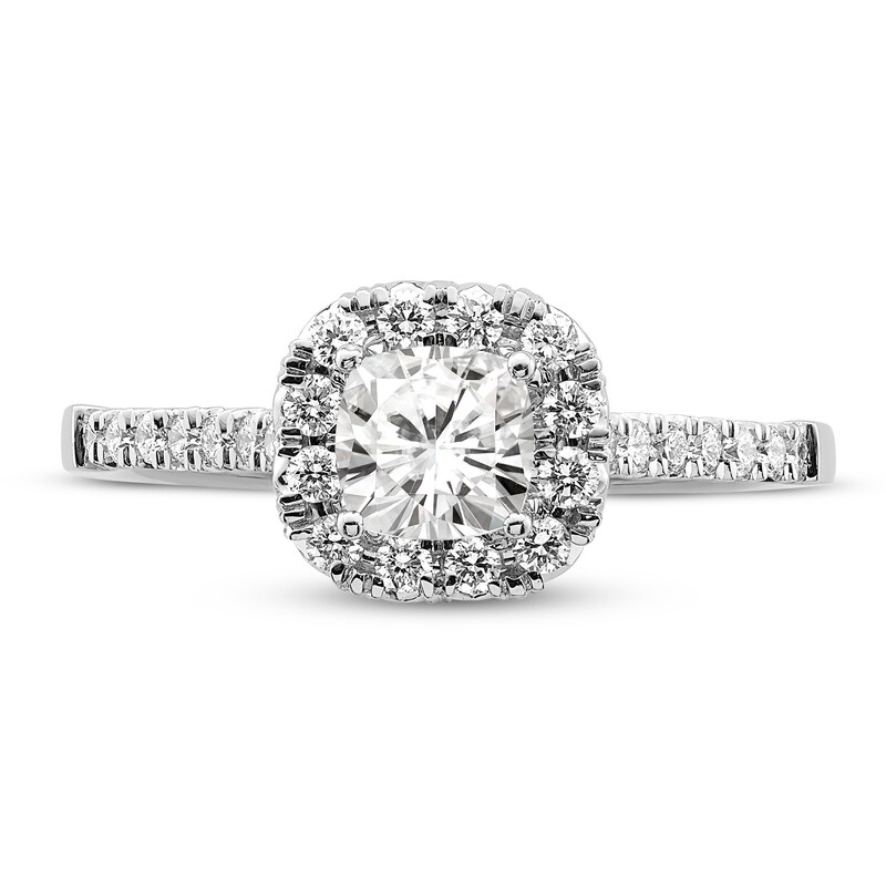 Main Image 3 of Diamond Halo Engagement Ring 7/8 ct tw Cushion/Round 14K White Gold