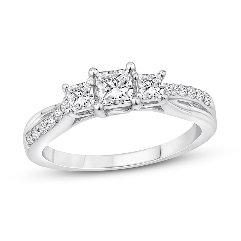 Main Image 1 of Diamond 3-Stone Ring 3/4 ct tw Princess/Round 14K White Gold