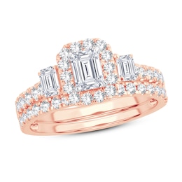 Diamond Bridal Set 1-1/2 ct tw Emerald/Round-cut 14K Rose Gold