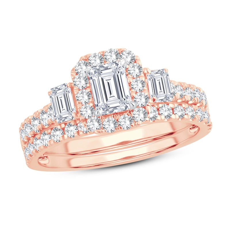 Diamond Bridal Set 1-1/2 ct tw Emerald/Round-cut 14K Rose Gold