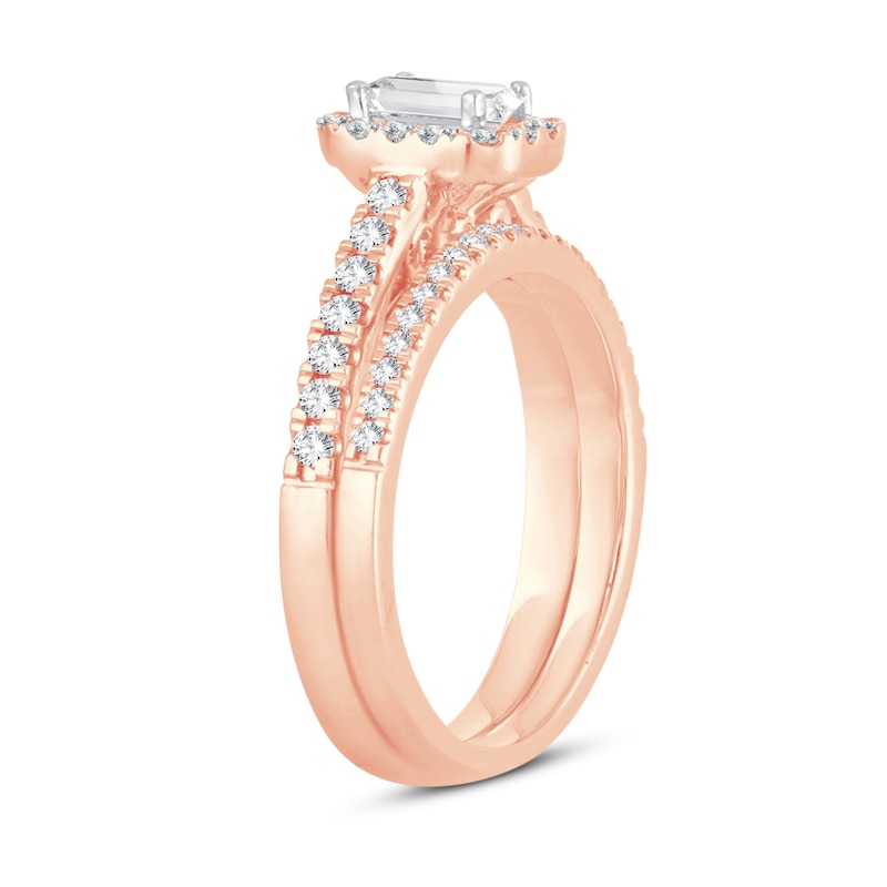 Main Image 2 of Diamond Bridal Set 1 ct tw Emerald/Round-cut 14K Rose Gold