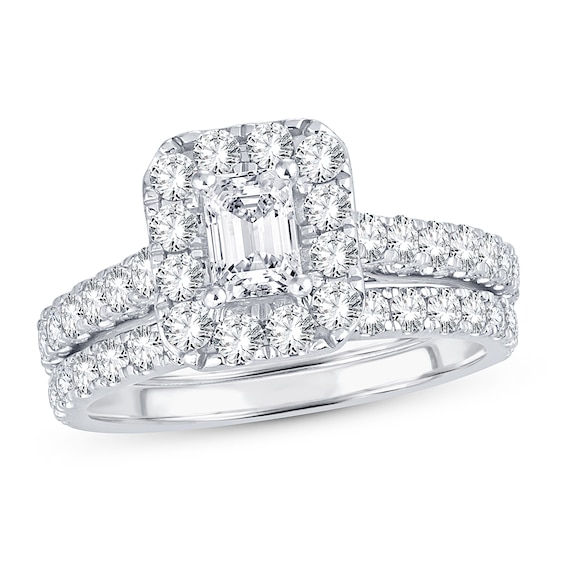 Diamond Bridal Set 2 ct tw Emerald/Round-cut 14K White Gold