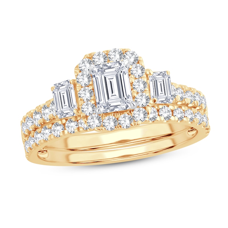 Main Image 1 of Diamond Bridal Set 1-1/2 ct tw Emerald/Round-cut 14K Yellow Gold