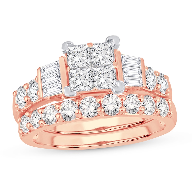 Main Image 1 of Diamond Bridal Set 2 ct tw Round/Princess/Baguette 14K Rose Gold