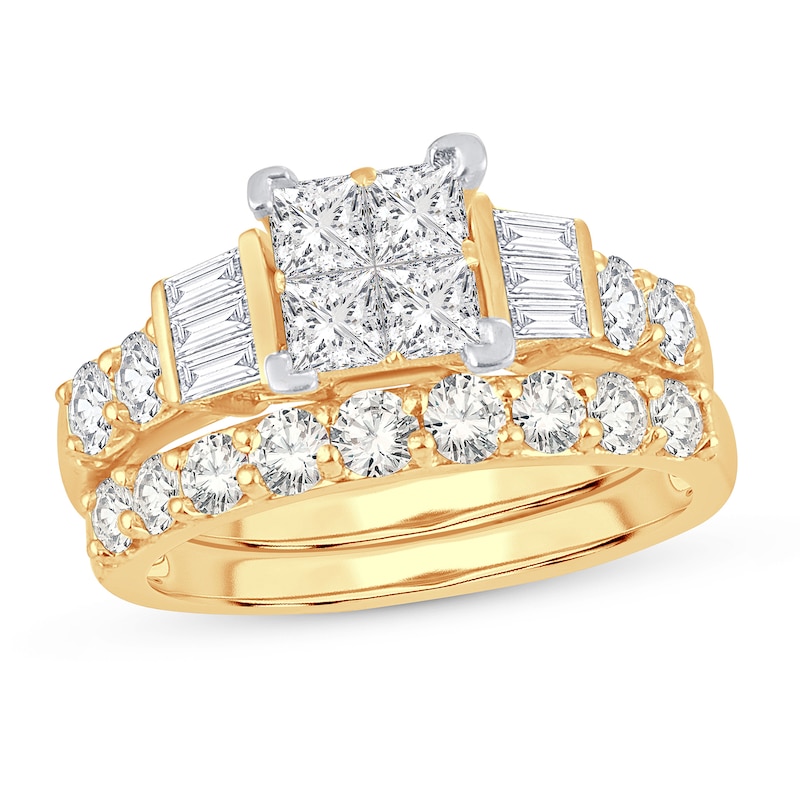 Diamond Bridal Set 2 ct tw Round/Princess/Baguette 14K Yellow Gold