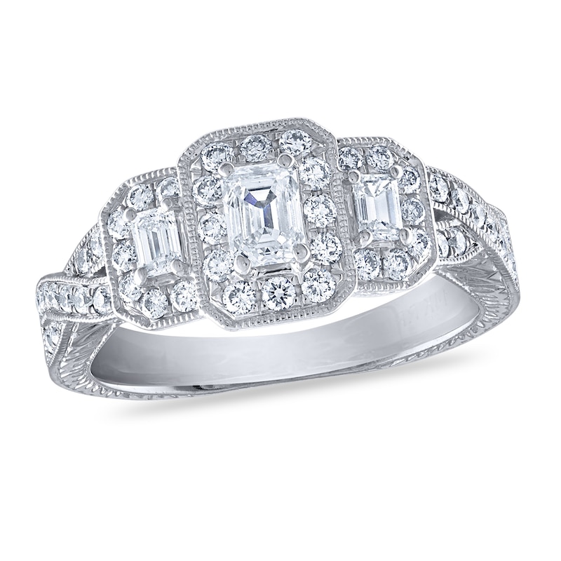 Diamond 3-Stone Engagement Ring 1 ct tw Round/Emerald 14K White Gold