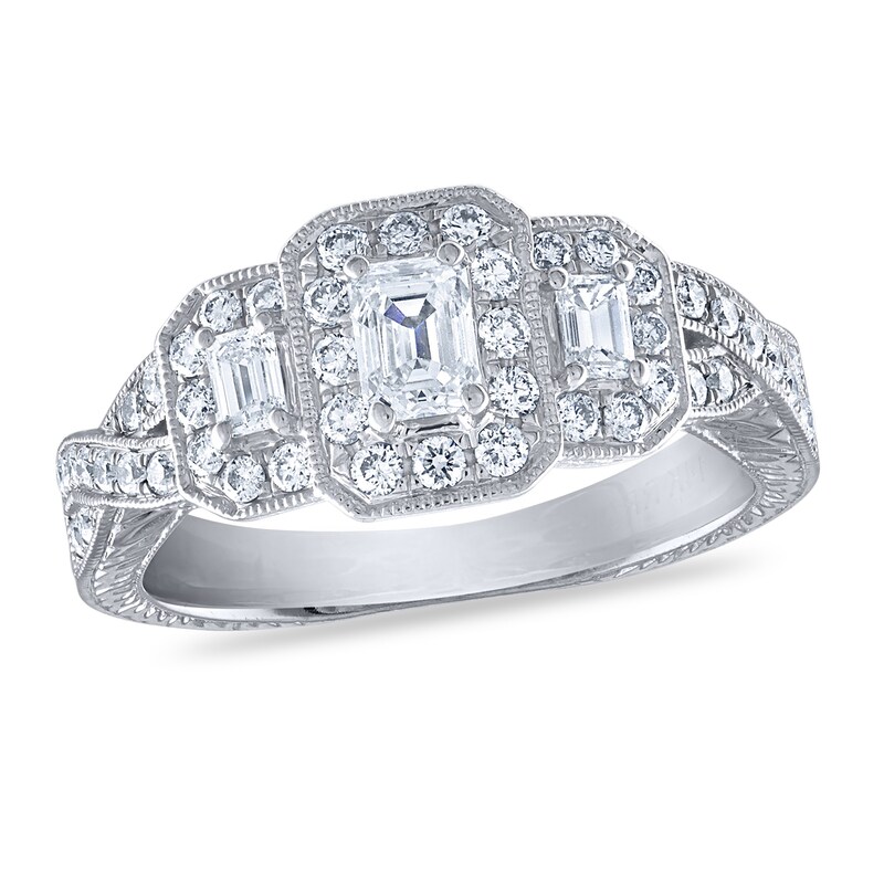 Main Image 1 of Diamond 3-Stone Engagement Ring 1 ct tw Round/Emerald 14K White Gold