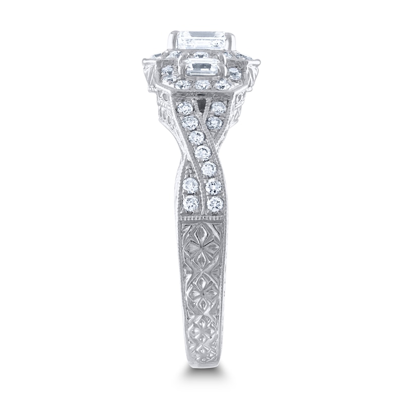 Main Image 2 of Diamond 3-Stone Engagement Ring 1 ct tw Round/Emerald 14K White Gold