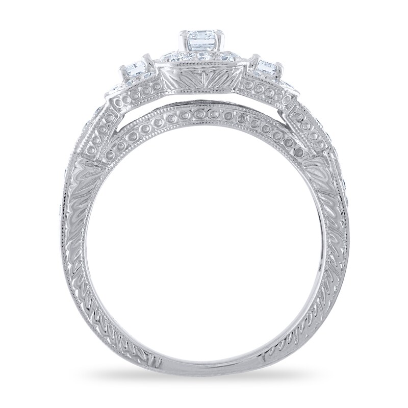 Main Image 3 of Diamond 3-Stone Engagement Ring 1 ct tw Round/Emerald 14K White Gold
