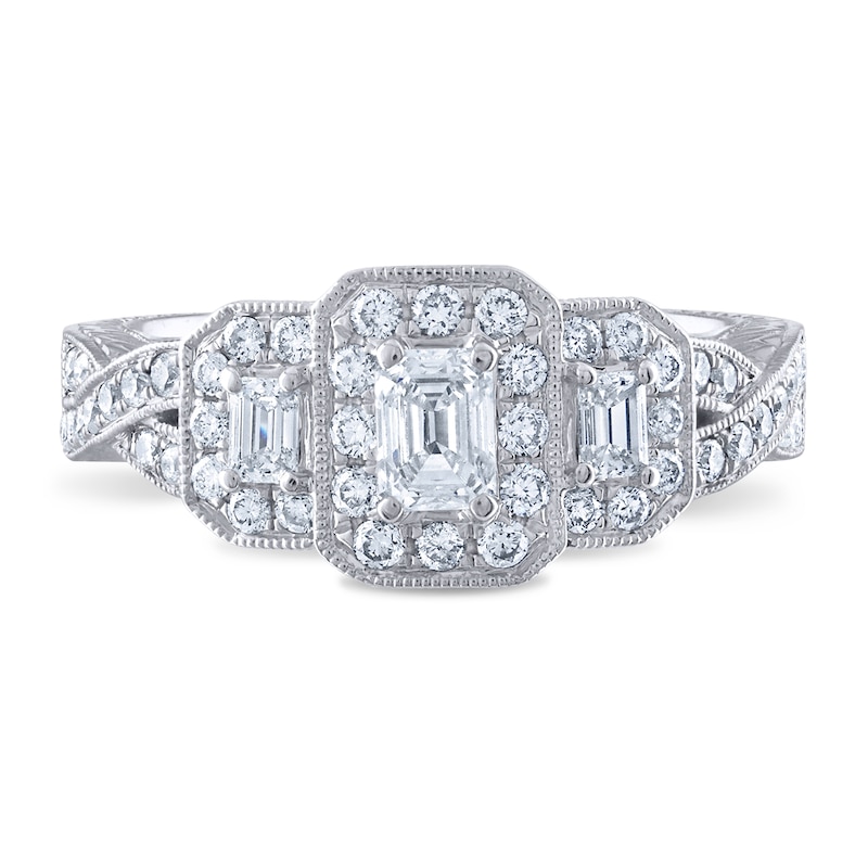 Main Image 4 of Diamond 3-Stone Engagement Ring 1 ct tw Round/Emerald 14K White Gold