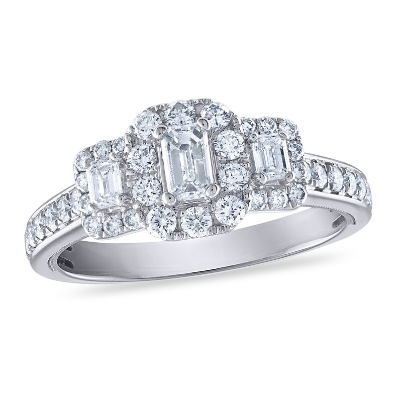 Main Image 1 of Diamond 3-Stone Engagement Ring 1-1/4 ct tw Emerald/Round 14K White Gold