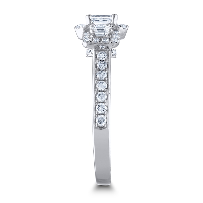 Main Image 2 of Diamond 3-Stone Engagement Ring 1-1/4 ct tw Emerald/Round 14K White Gold