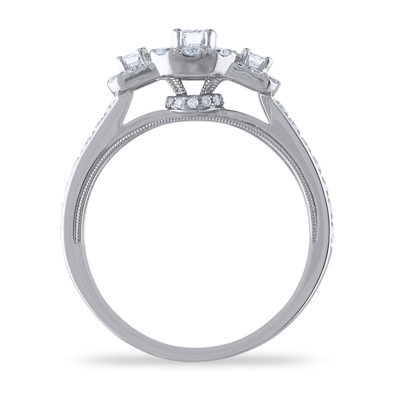 Diamond 3-Stone Engagement Ring 1-1/4 ct tw Emerald/Round 14K White Gold