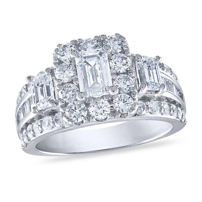 Diamond Engagement Ring 3 ct tw Round/Emerald/Baguette 14K White Gold