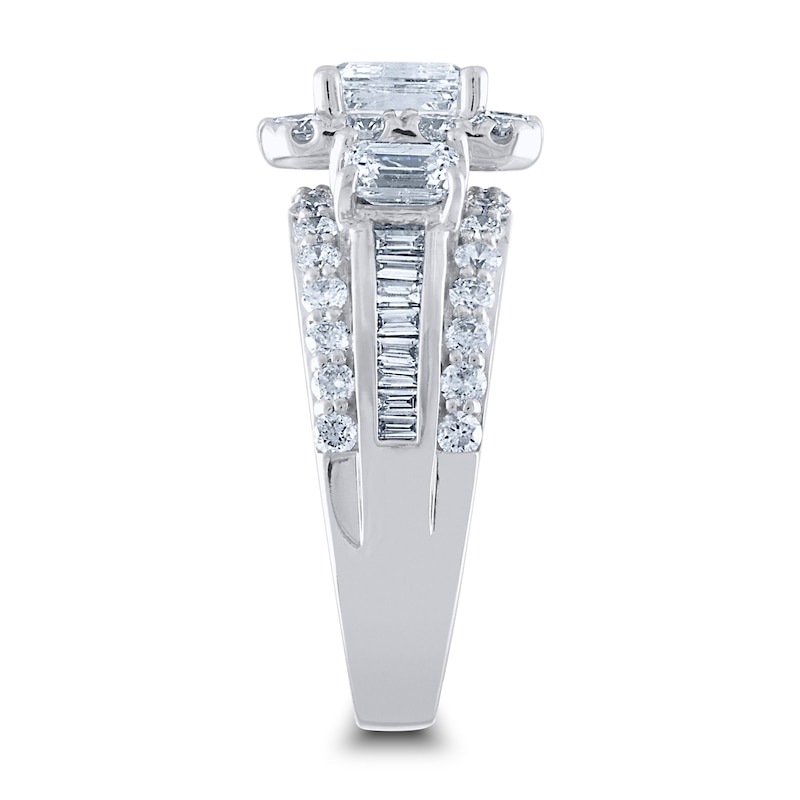 Diamond Engagement Ring 3 ct tw Round/Emerald/Baguette 14K White Gold