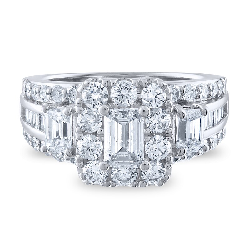 Diamond Engagement Ring 3 ct tw Round/Emerald/Baguette 14K White Gold