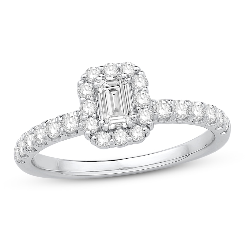 Diamond Engagement Ring 3/4 ct tw Round/Emerald 14K White Gold