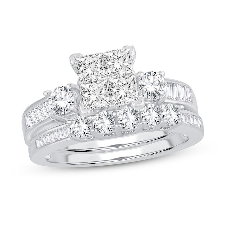 Diamond Bridal Set 1-1/2 ct tw Round/Princess/Baguette 14K White Gold