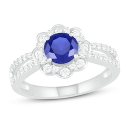 Natural Blue Sapphire Engagement Ring 3/8 ct tw Diamonds 14K White Gold