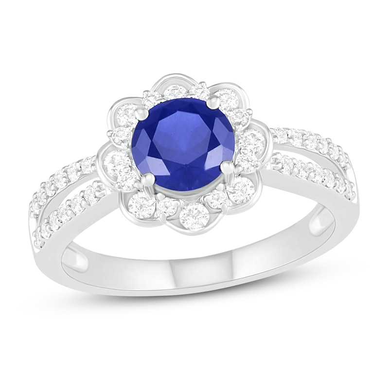 Main Image 1 of Natural Blue Sapphire Engagement Ring 3/8 ct tw Diamonds 14K White Gold