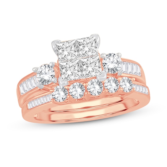 Diamond Bridal Set 1-1/2 ct tw Round/Princess/Baguette 14K Rose Gold