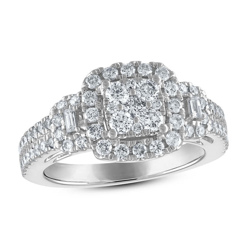 Diamond Engagement Ring 1-1/8 ct tw Round/Baguette 14K White Gold