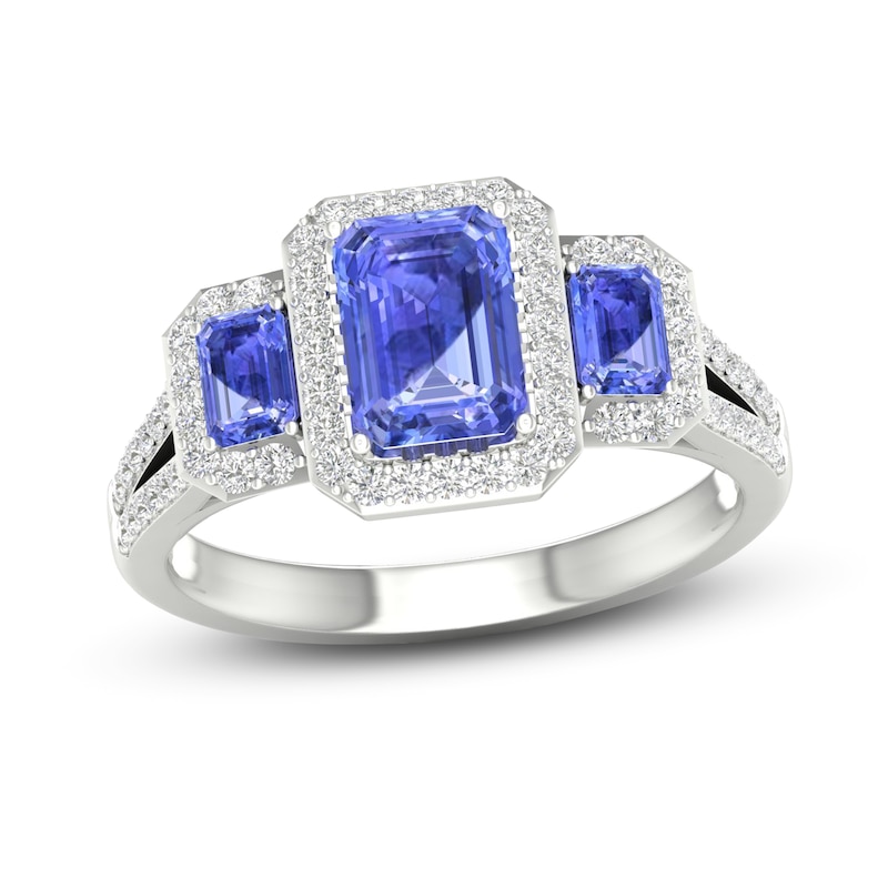 Natural Tanzanite 3-Stone Engagement Ring 1/3 ct tw Round/Emerald 14K White Gold