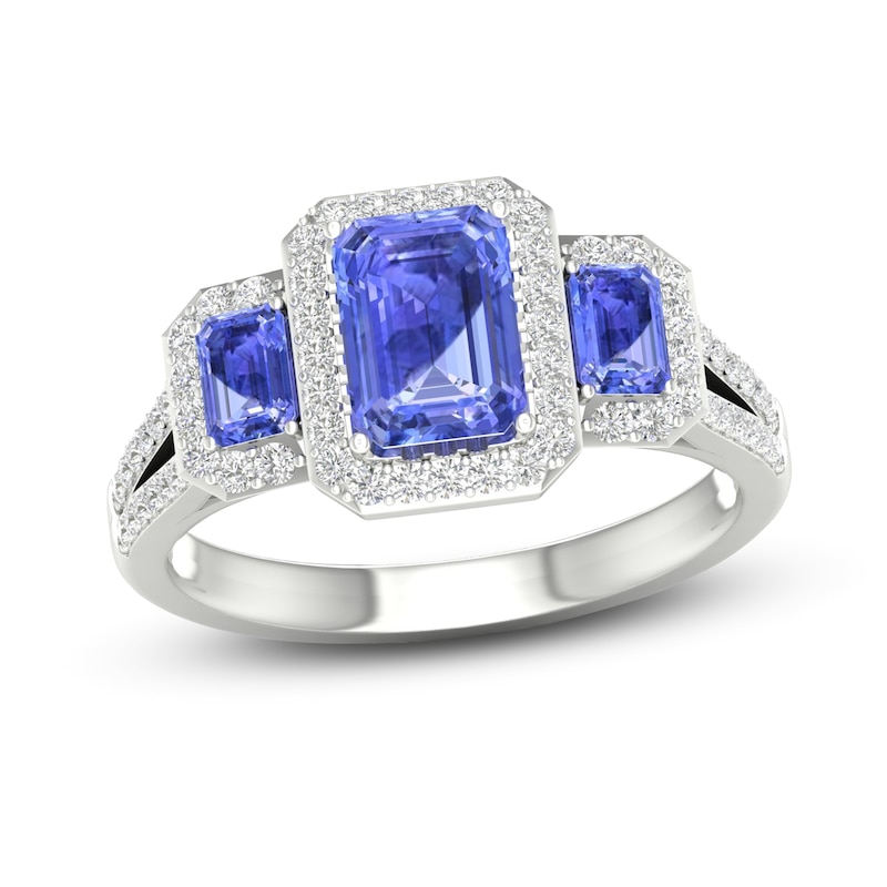 Main Image 1 of Natural Tanzanite 3-Stone Engagement Ring 1/3 ct tw Round/Emerald 14K White Gold
